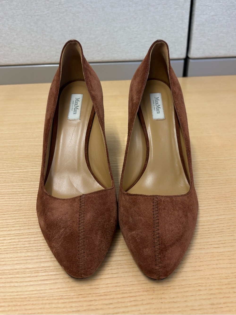 MaxMara Brown Suede and Gold Block Heel